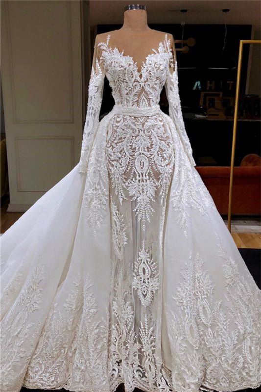 Glamorous Mermaid Lace Wedding Dress With Long Sleeves And Detachable Skirt
