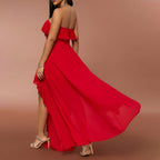 Vestuário Feminino Primavera Verão Vestido Elegante e Moderno Top Tubo Decote em V Detalhes Folhos Costas Nuas Vestido de Noite