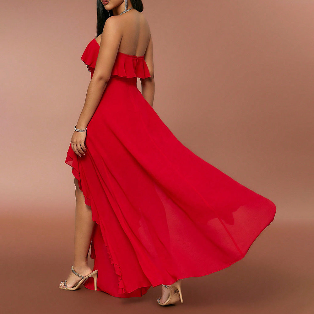 Vestuário Feminino Primavera Verão Vestido Elegante e Moderno Top Tubo Decote em V Detalhes Folhos Costas Nuas Vestido de Noite