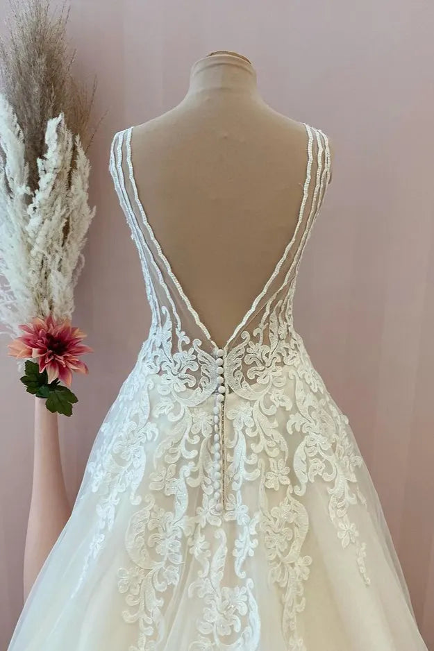 A Line Tulle Backless Floor Length Sweetheart Wedding Dress With Lace Appliques