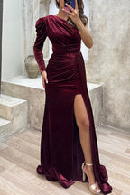 Robe longue mystérieuse en velours Lady, une épaule dénudée, garniture de paillettes, ruchée, avec fente
