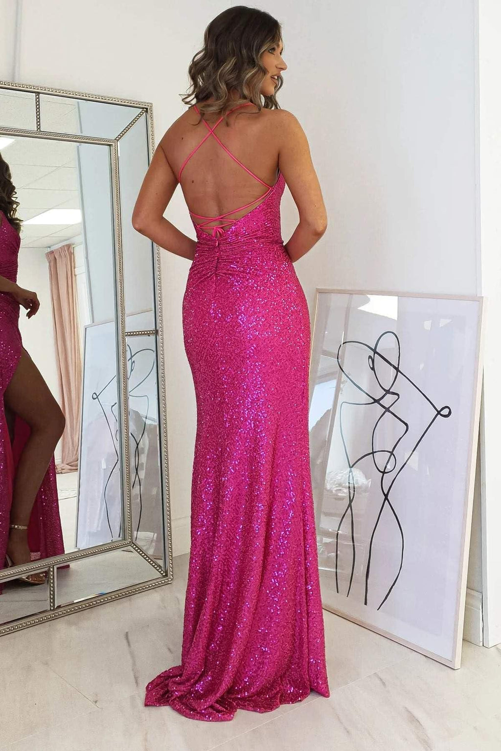 Vestido de noche brillante con abertura para baile de graduación