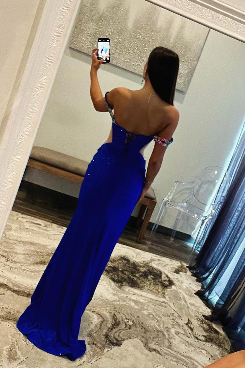 Vestidos longos de baile com contas e aplicações, ombros descobertos
