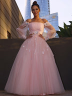 Ball Gown Hand-Made Flower Tulle Long Sleeves Off-the-Shoulder Floor-Length Prom Dresses