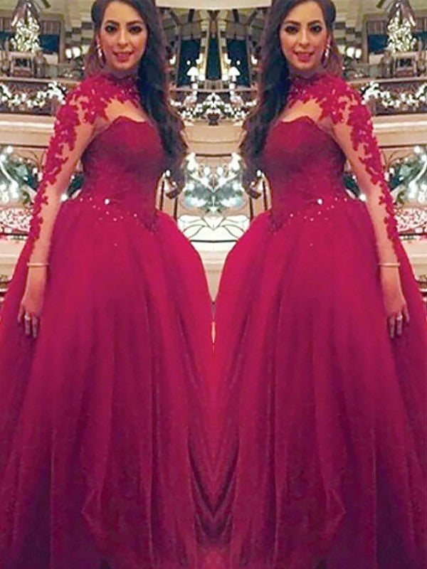 Ball Gown Long Sleeves High Neck Applique Floor-Length Tulle Prom Dresses
