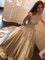 Ball Gown Long Sleeves Off-the-Shoulder Applique Satin Prom Dresses