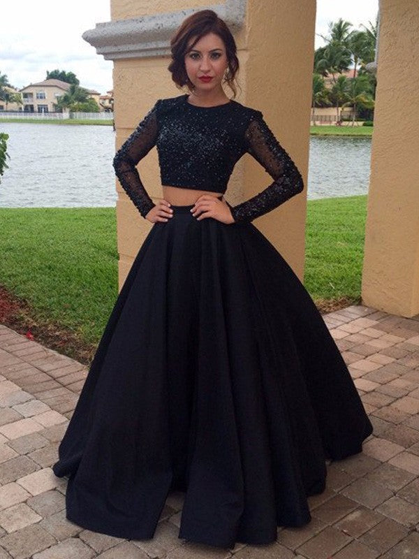 Ball Gown Long Sleeves Scoop Floor-Length Satin Beading Prom Dresses