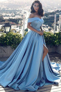 Ball Gown Off-shoulder Floor Length Blue Prom Dresses