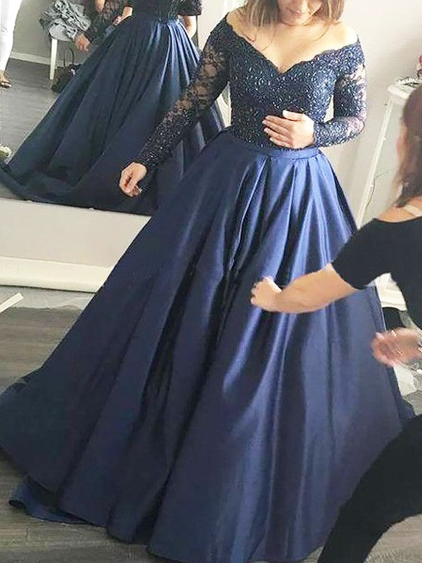 Ball Gown Off-the-Shoulder Long Sleeves Beading Satin Prom Dresses