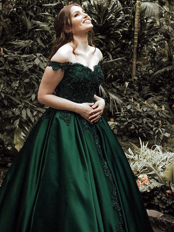 Ball Gown Off-the-Shoulder Sleeveless Floor-Length Lace Satin Prom Dresses