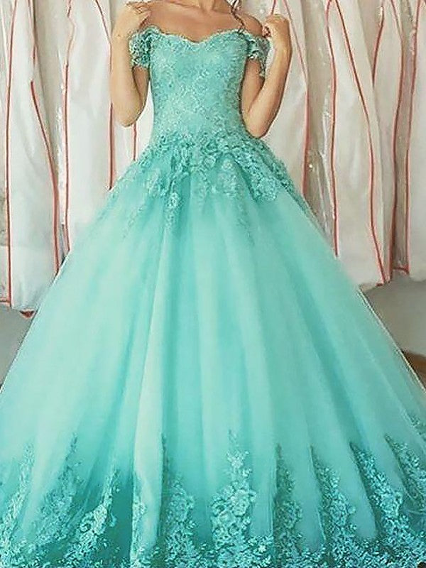 Ball Gown Sleeveless Off-the-Shoulder Applique Floor-Length Tulle Prom Dresses