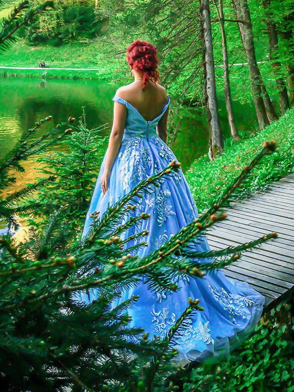 Ball Gown Sleeveless Off-the-Shoulder Applique Tulle Prom Dresses