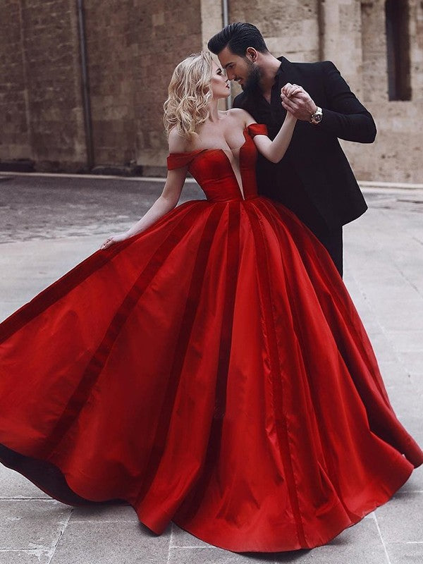 Ball Gown Sleeveless Off-the-Shoulder Ruffles Satin Prom Dresses