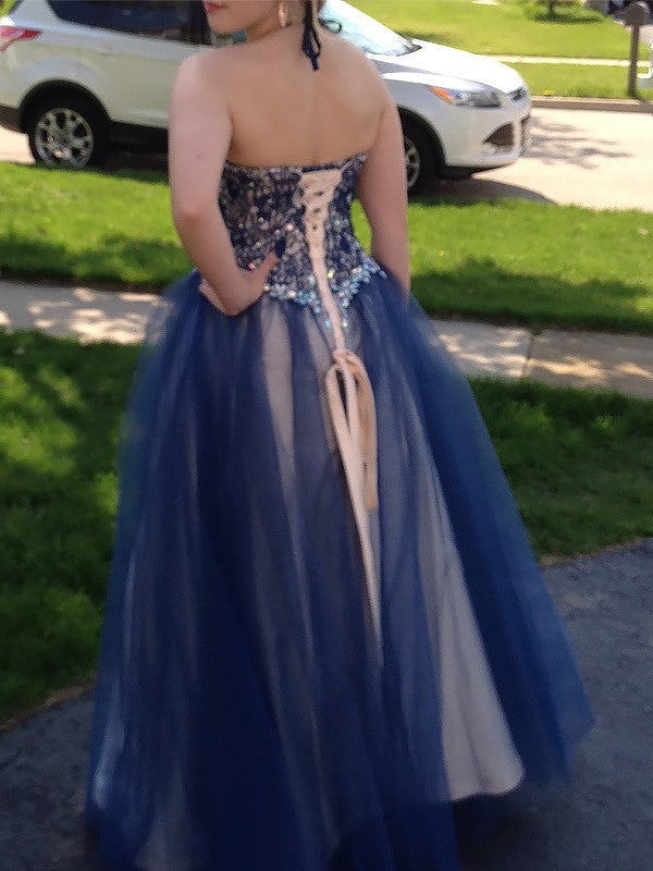 Ball Gown Sleeveless Spaghetti Straps Beading Floor-Length Tulle Prom Dresses