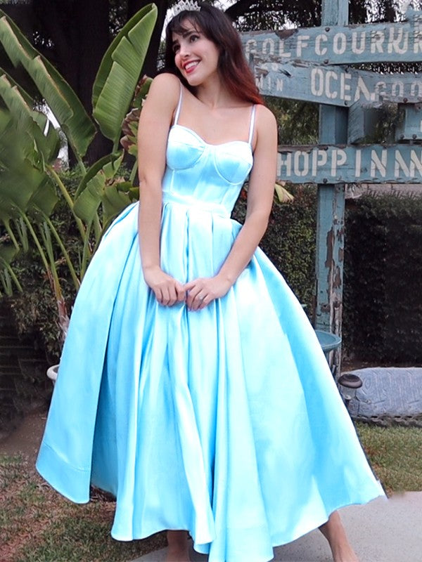 Ball Gown Spaghetti Straps Sleeveless Satin Ruffles Tea-Length Homecoming Prom Dresses