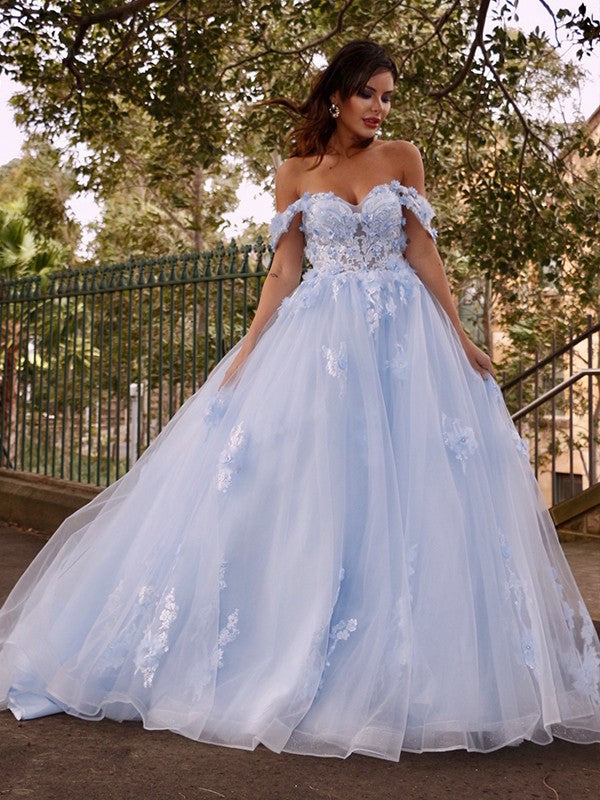 Ball Gown Tulle Applique Off-the-Shoulder Sleeveless Prom Dresses