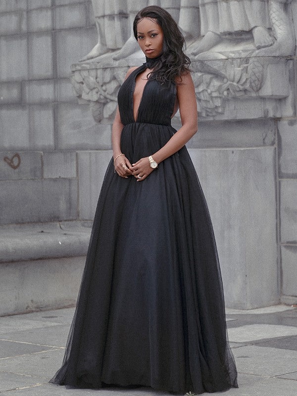 Ball Gown Tulle Ruffles V-neck Sleeveless Court Train Prom Dresses