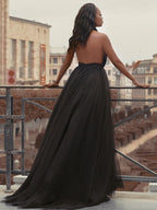 Ball Gown Tulle Ruffles V-neck Sleeveless Court Train Prom Dresses