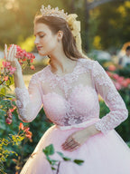 Ball Gown Tulle Scoop Lace Long Sleeves Prom Dresses