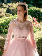 Ball Gown Tulle Scoop Lace Long Sleeves Prom Dresses
