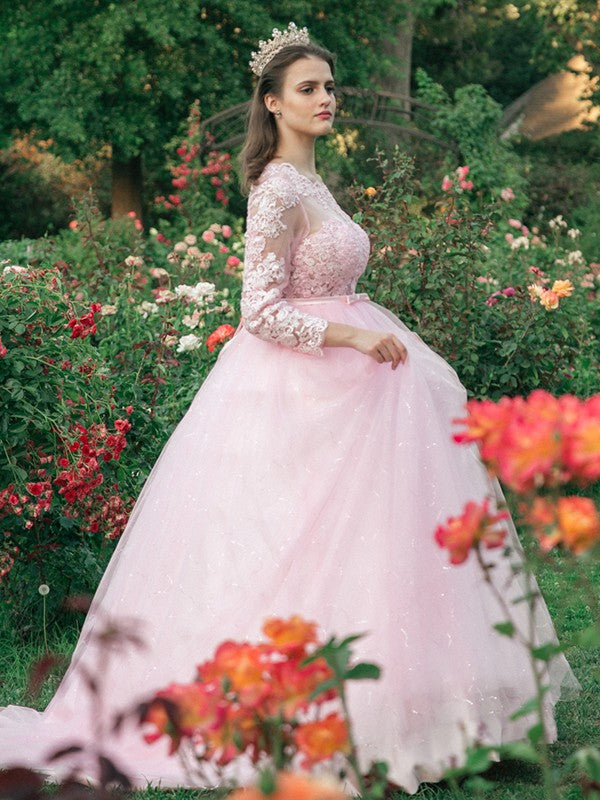 Ball Gown Tulle Scoop Lace Long Sleeves Prom Dresses