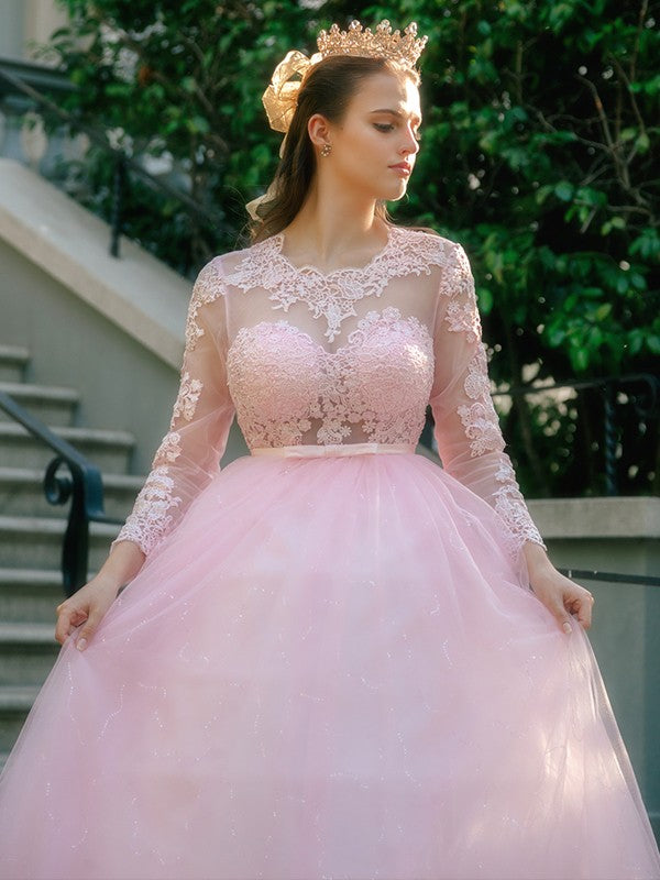Ball Gown Tulle Scoop Lace Long Sleeves Prom Dresses
