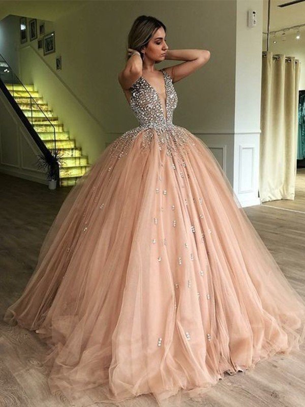 Ball Gown V-neck Sleeveless Floor-Length Beading Tulle Prom Dresses