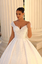 Satin Ball Gown Wedding Dress Sweetheart Neckline Cap Sleeves Sequined CourtTrain