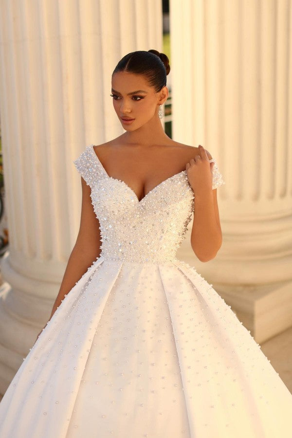 Satin Ball Gown Wedding Dress Sweetheart Neckline Cap Sleeves Sequined CourtTrain