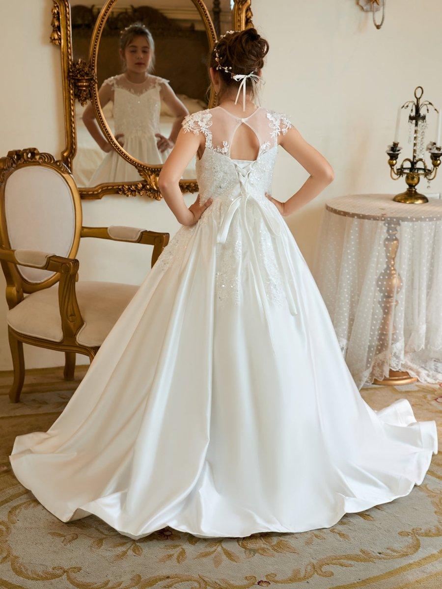 Ball-Gown/Princess Satin Sweep Train First Communion Flower Girl Dress