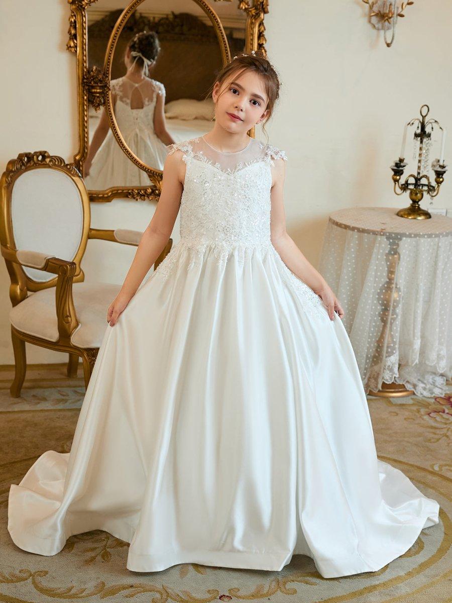Ball-Gown/Princess Satin Sweep Train First Communion Flower Girl Dress