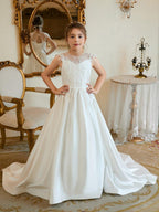 Ball-Gown/Princess Satin Sweep Train First Communion Flower Girl Dress