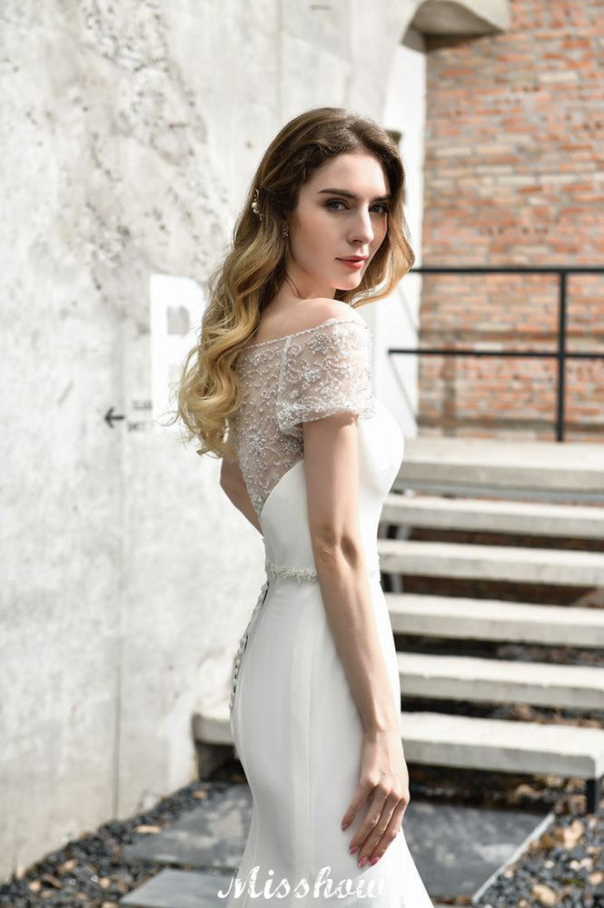 Bateau Short Sleeve Slim Mermaid Wedding Gown Satin Bridal Gown Sweep/Trump Train