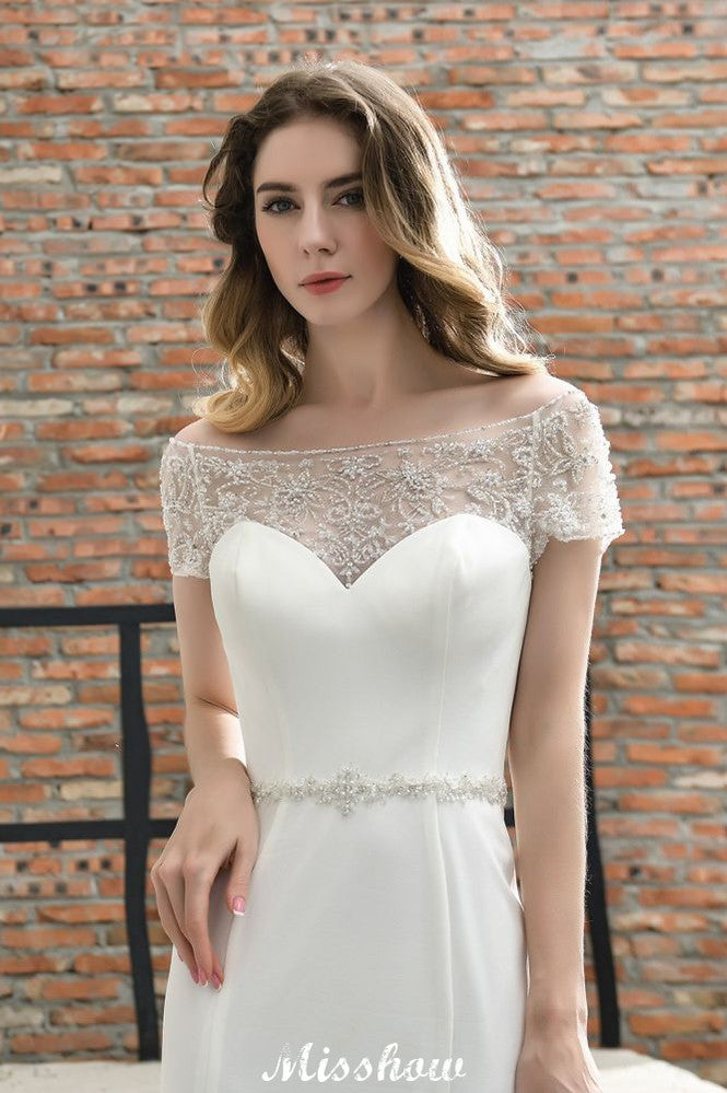 Bateau Short Sleeve Slim Mermaid Wedding Gown Satin Bridal Gown Sweep/Trump Train