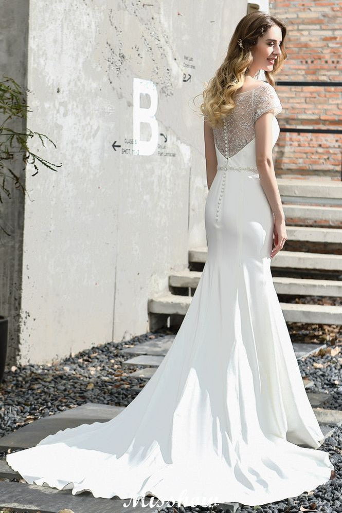 Bateau Short Sleeve Slim Mermaid Wedding Gown Satin Bridal Gown Sweep/Trump Train