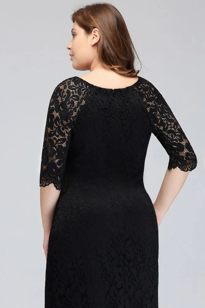 Bateau Tea Length Mermaid Plus size Lace Black Evening Dresses with sleeves