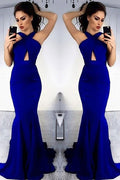 Vestido longo de baile de finalistas cauda de sereia com costas abertas e alças ao pescoço Regal Sapphire