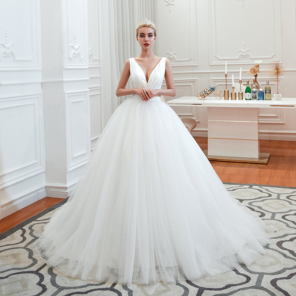 Charming V Neck Wide Straps Deep Floor Length A Line Tulle Wedding Dress