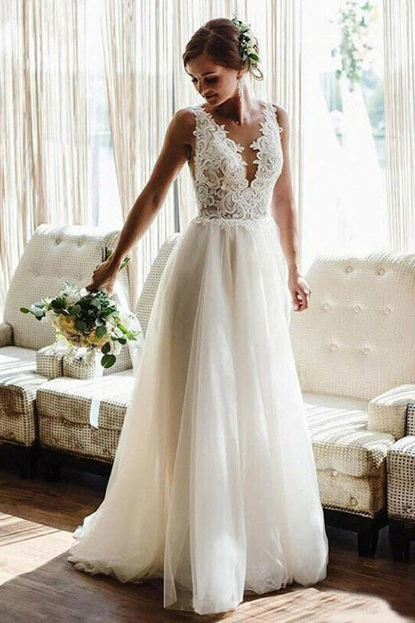 Chic V Neck A Line Backless Straps Wedding Dress With Lace Applique