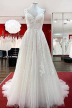 Chic Tulle V Neck Open Back Long A Line Wedding Dress With Lace Ruffles