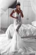 Elegant Mermaid Wedding Dress With Cap Sleeves Lace Appliques Zipper Back