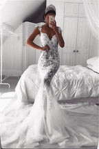 Elegant Mermaid Wedding Dress With Cap Sleeves Lace Appliques Zipper Back