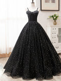 Langes schwarzes Ballkleid mit V-Ausschnitt und Glitzer