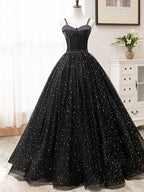 Langes schwarzes Ballkleid mit V-Ausschnitt und Glitzer