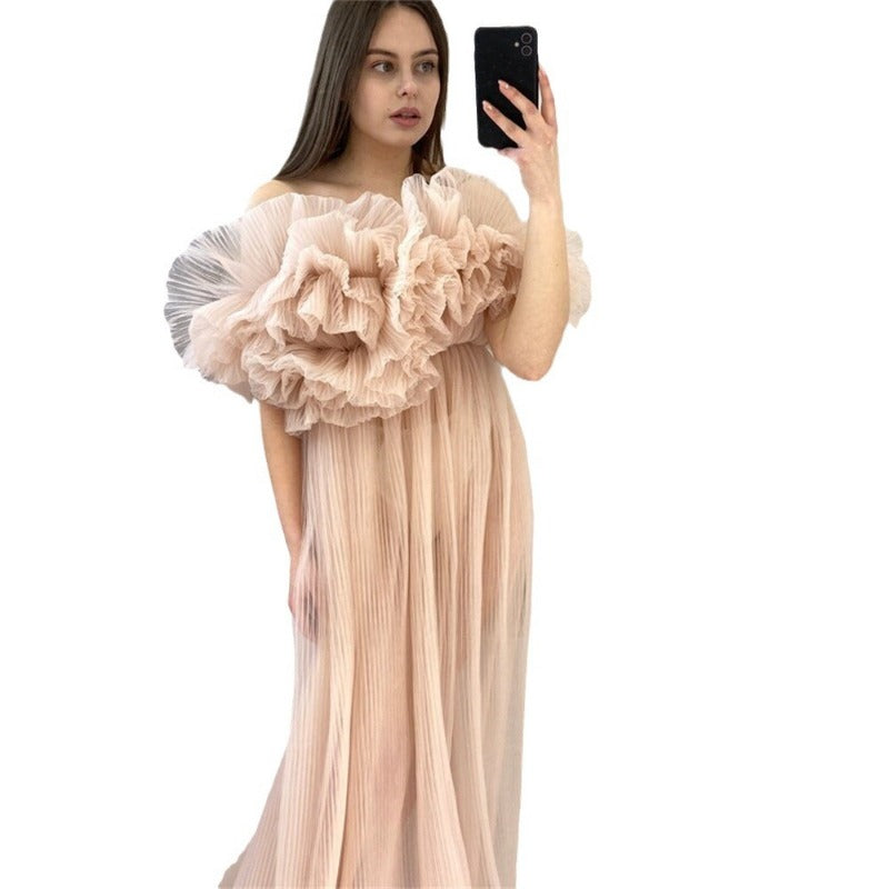 Robe de soirée pour femmes enceintes en tulle transparent à une épaule, manches courtes décolletées