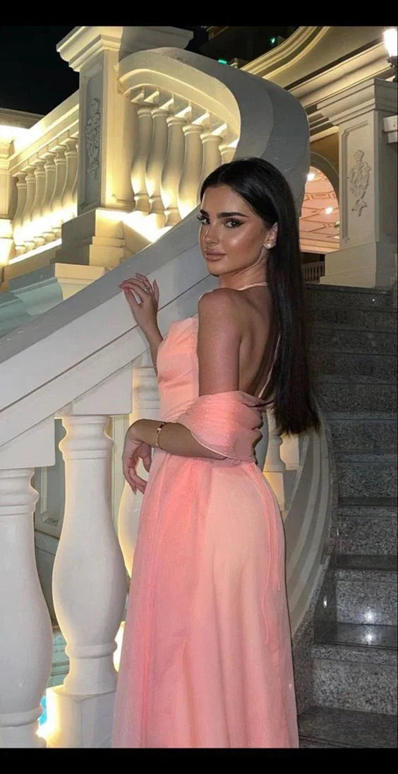Vestito lungo rosa da sera senza maniche con collo allacciato sexy per festa e ballo Y7523