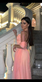 Vestito lungo rosa da sera senza maniche con collo allacciato sexy per festa e ballo Y7523