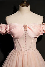 Vestido de Baile de Princesa Rosa em Tule com Contas, Decote Ombro a Ombro, Vestido de Noite Y7584