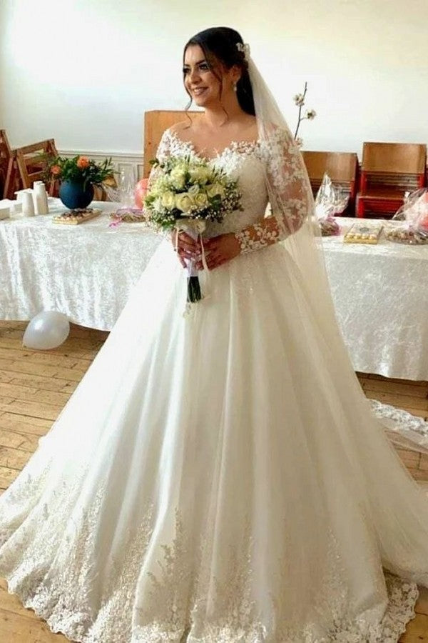Princess Off The Shoulder Wedding Dress With Lace Appliques Long Sleeves