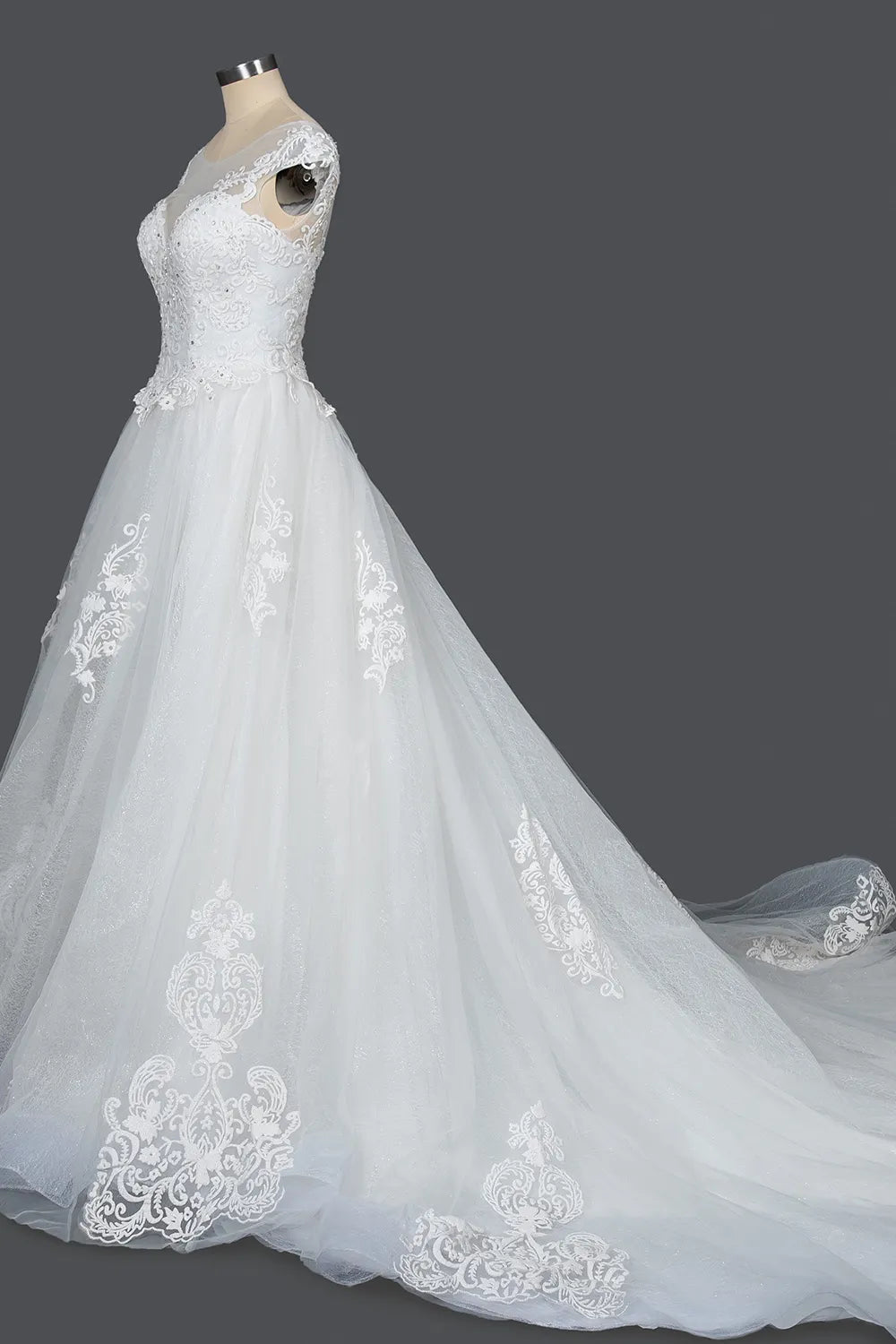 Cap Sleeve Ball Gown Wedding Dress With Sheer Tulle And Lace V Neck